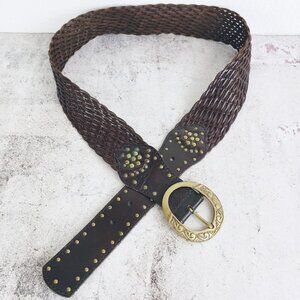 Vintage Bohemian Woven Braided Leather Wide Belt Brown size M